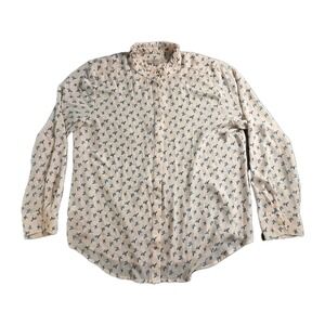 LOFT Womens XL Blouse Shirt pale Pink Bird Print Ruffle Neck Long Sleeve